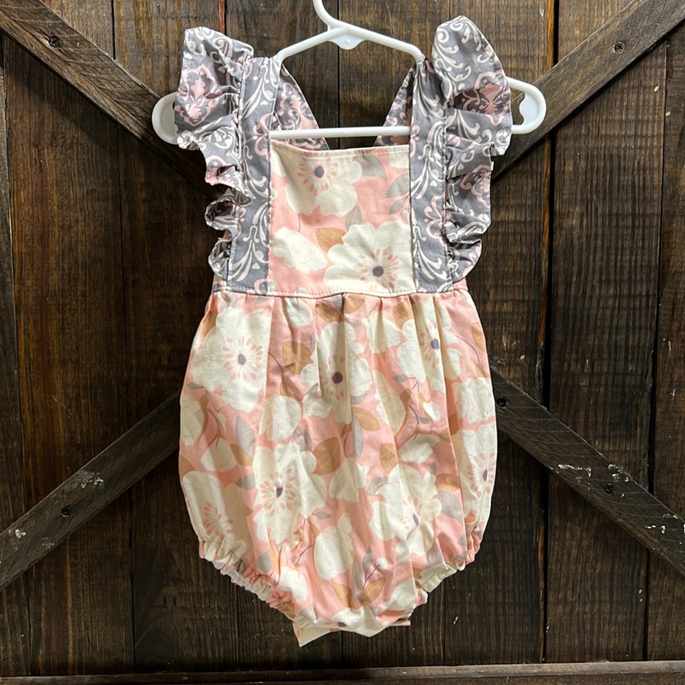 Pink and Grey Floral bubble romper.